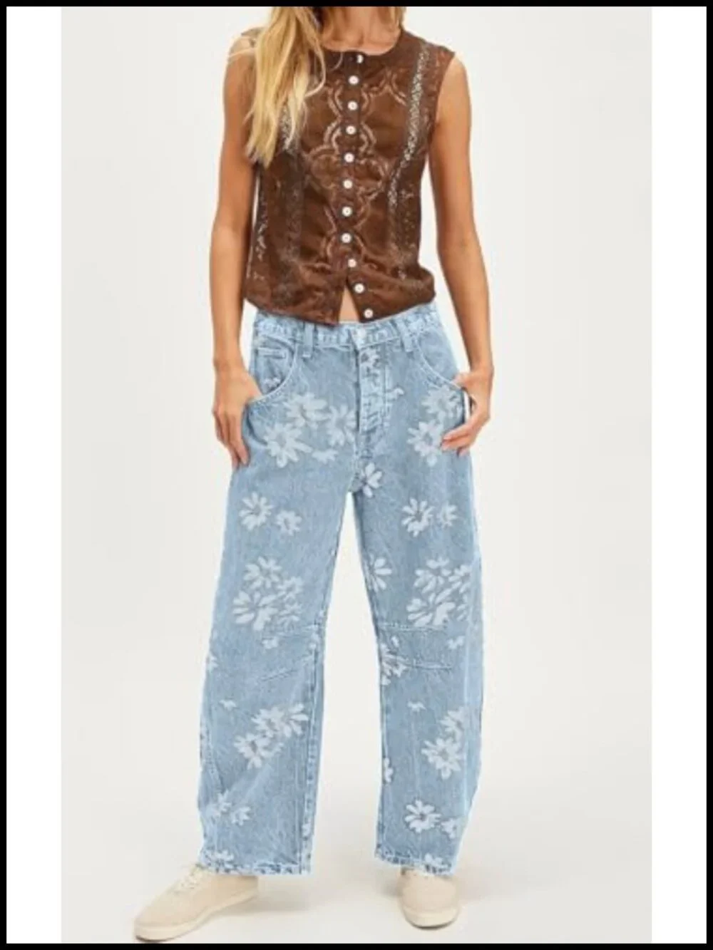 Y2k Distressed Barrel Jeans Baggy Wide Leg Floral Printed Boyfriend Patchwork